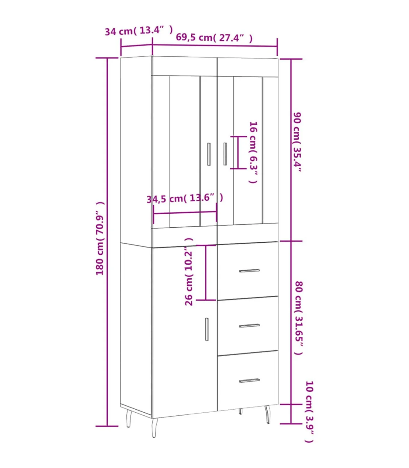 Hoge kast 69,5x34x180 cm bewerkt hout betongrijs