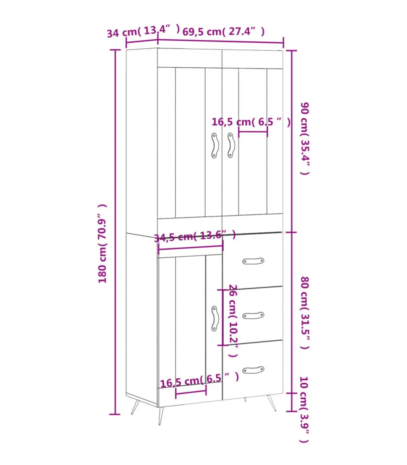 Hoge kast 69,5x34x180 cm bewerkt hout wit