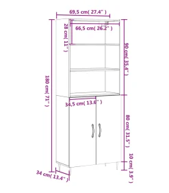 Hoge kast 69,5x34x180 cm bewerkt hout betongrijs