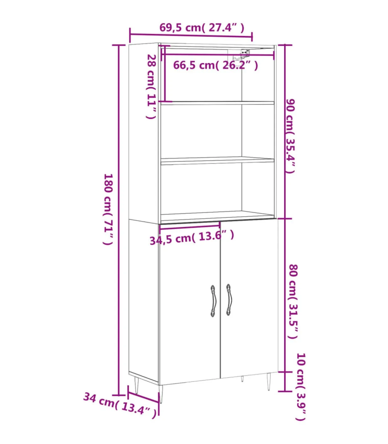 Hoge kast 69,5x34x180 cm bewerkt hout betongrijs