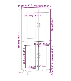 Hoge kast 69,5x34x180 cm bewerkt hout wit