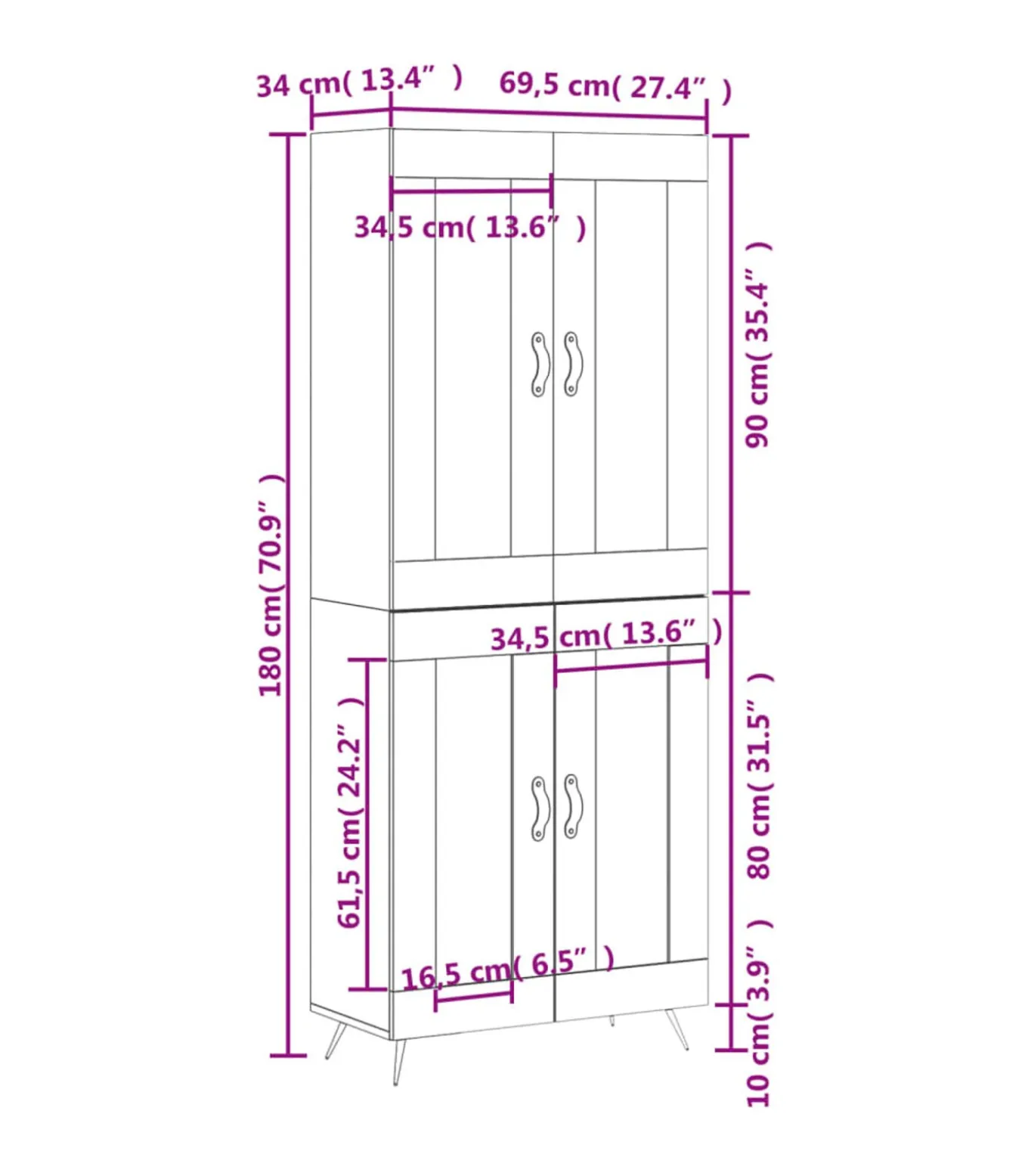 Hoge kast 69,5x34x180 cm bewerkt hout wit