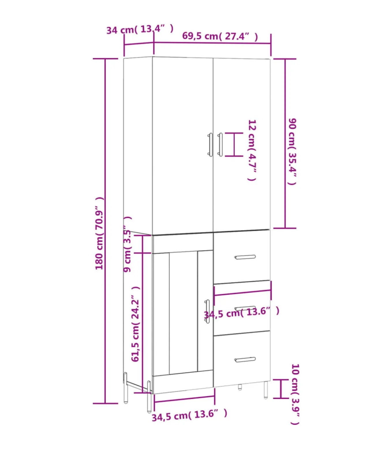Hoge kast 69,5x34x180 cm bewerkt hout grijs sonoma eikenkleurig