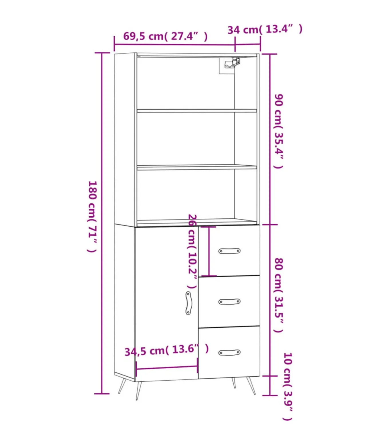 Hoge kast 69,5x34x180 cm bewerkt hout grijs sonoma eikenkleurig