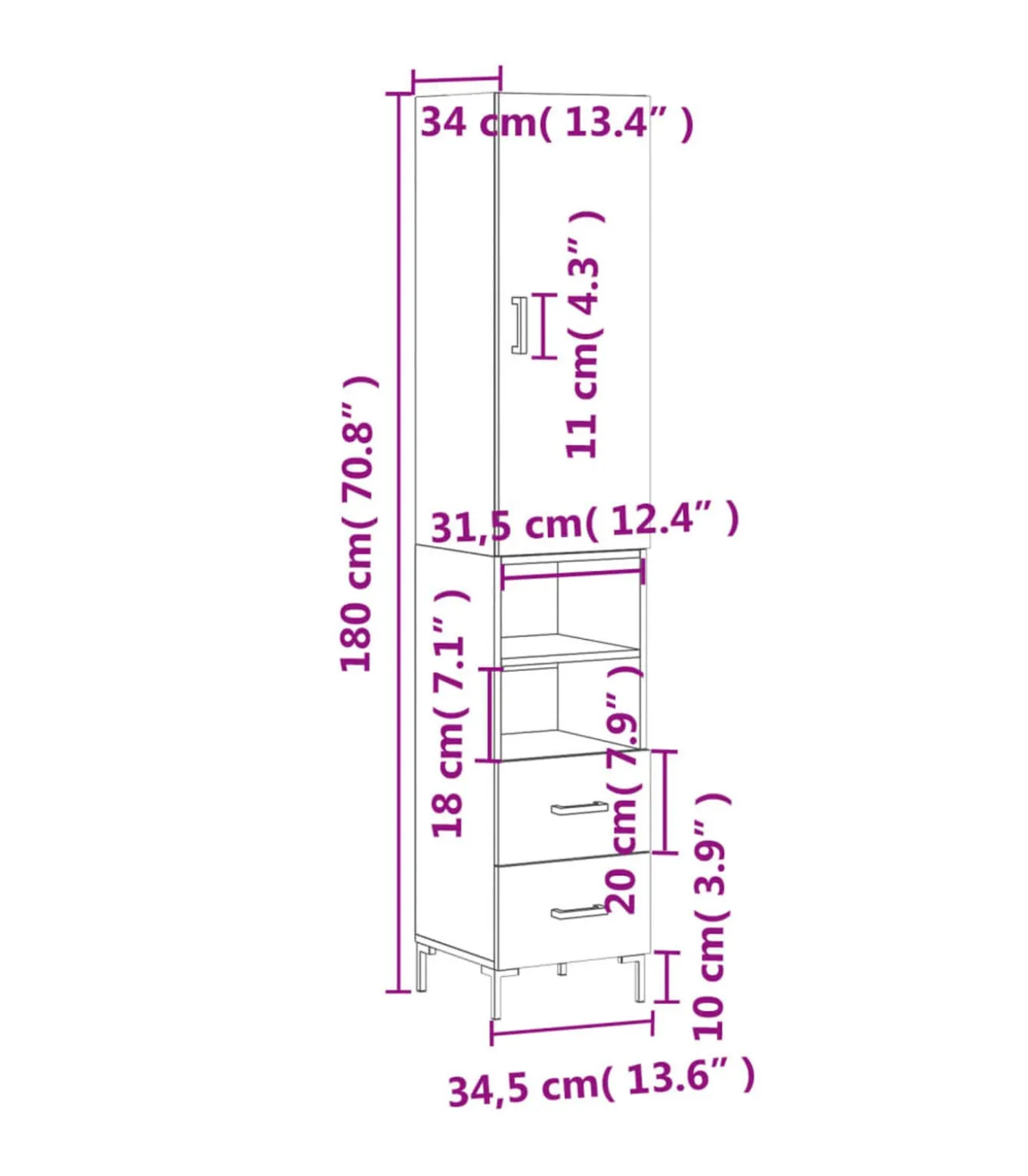 Hoge kast 34,5x34x180 cm bewerkt hout betongrijs
