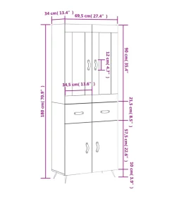 Hoge kast 69,5x34x180 cm bewerkt hout wit