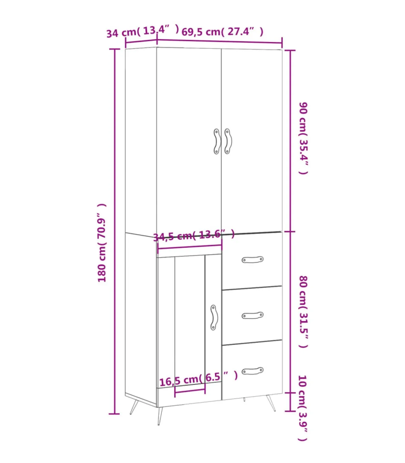 Hoge kast 69,5x34x180 cm bewerkt hout betongrijs
