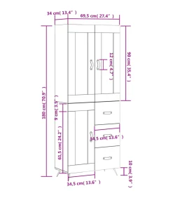 Hoge kast 69,5x34x180 cm bewerkt hout wit