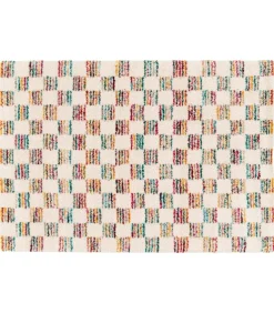 Hoogpolig vloerkleed met veelkleurig vierkant patroon 120 x 170 cm