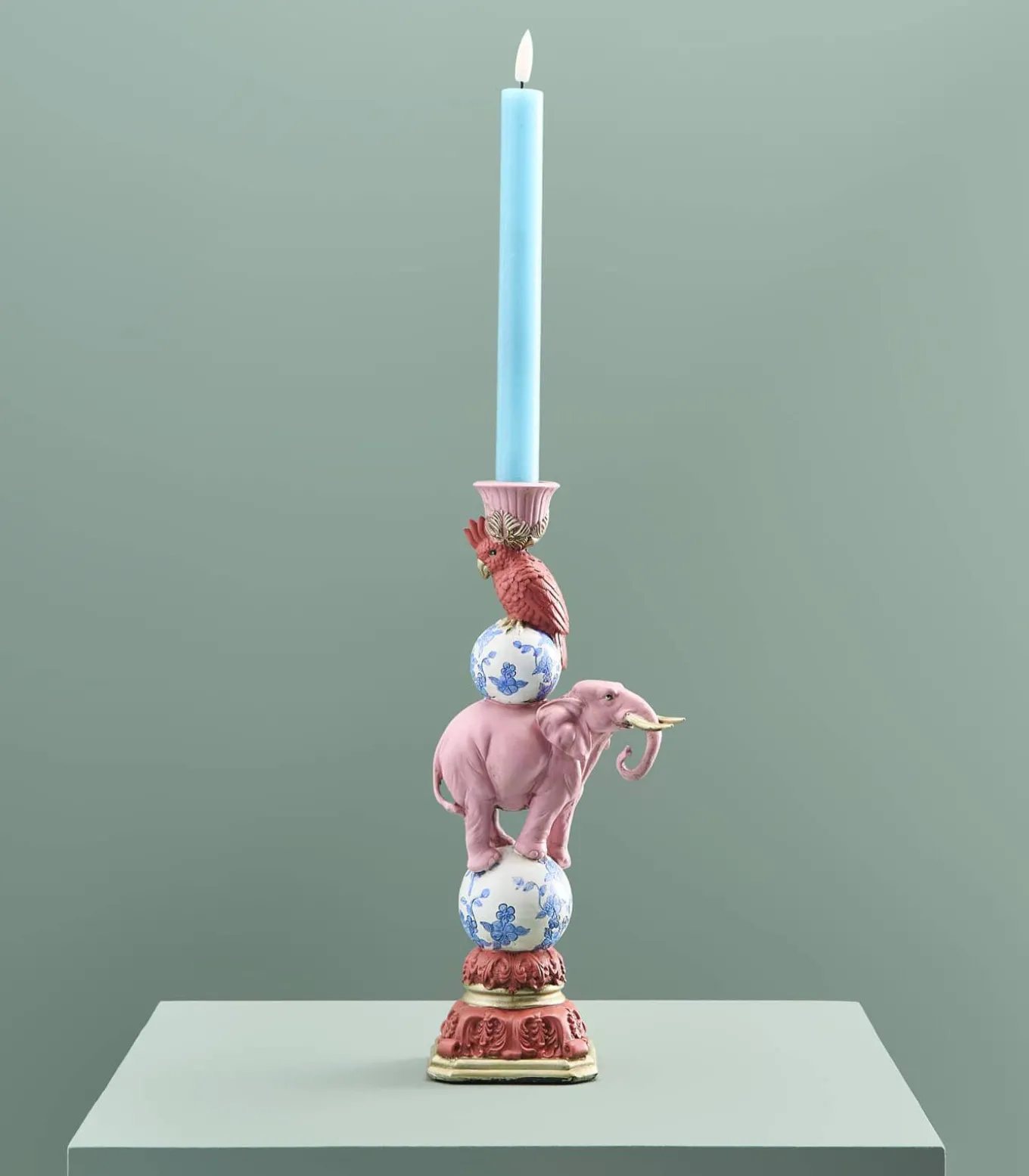 Kandelaar Papegaai op Olifant/roze/blauw/wit