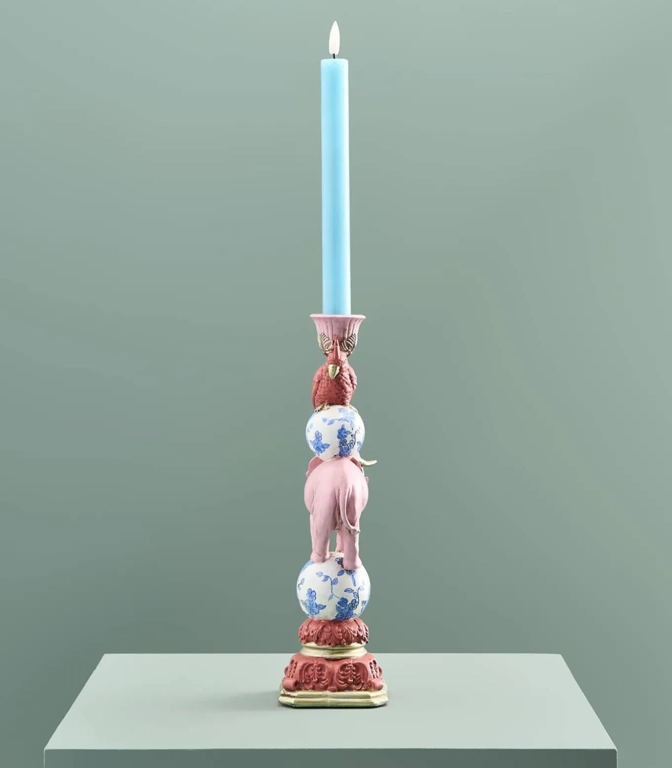 Kandelaar Papegaai op Olifant/roze/blauw/wit