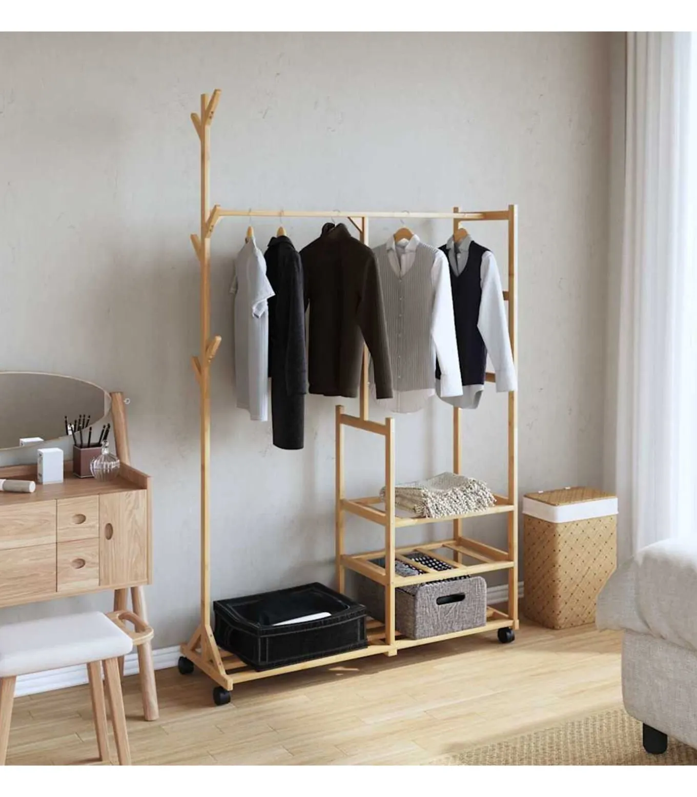 Kledingrek met schappen en wielen 100x38x175,5 cm bamboe