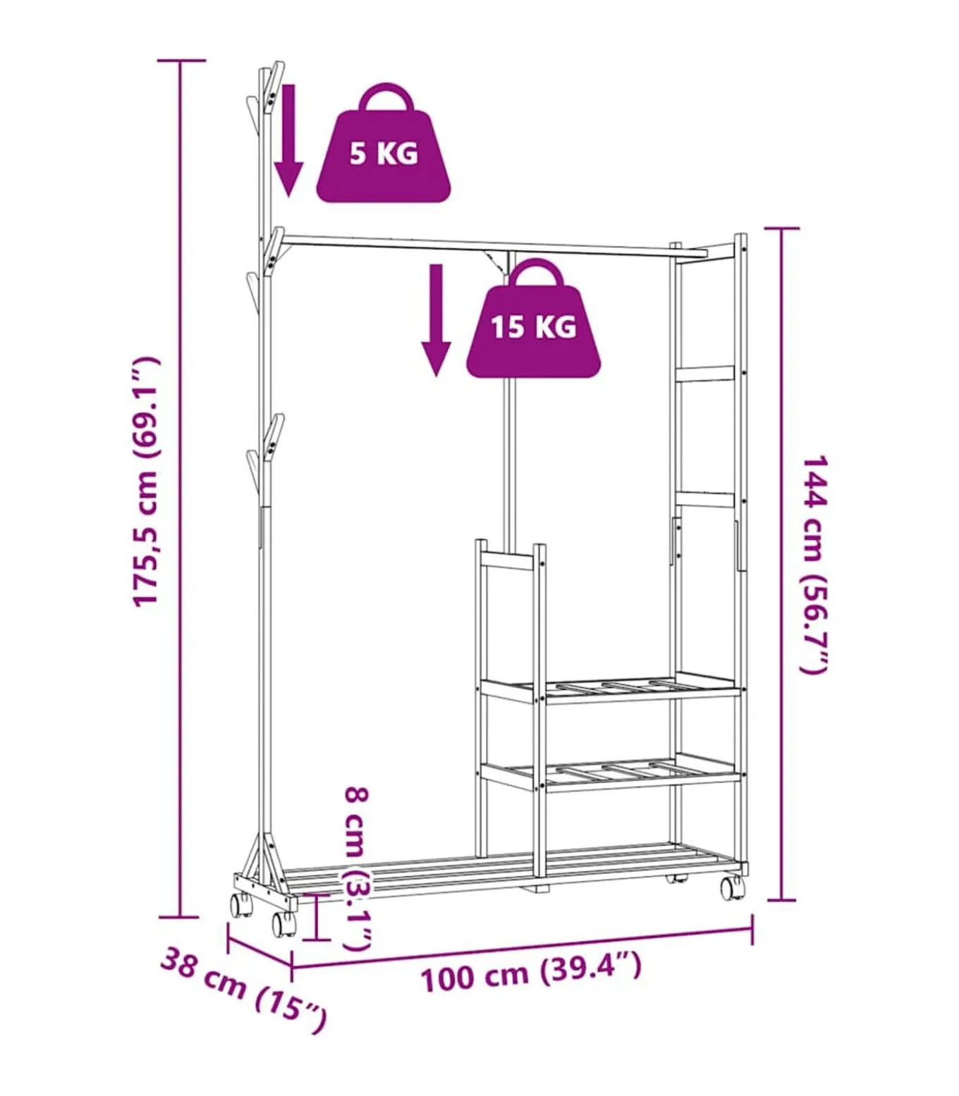 Kledingrek met schappen en wielen 100x38x175,5 cm bamboe