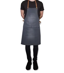 Leer - Hoogwaardig - Uniek - Barbecue - BBQ - Schort - Karabijnhaken - Washed Indigo - Licht grijs