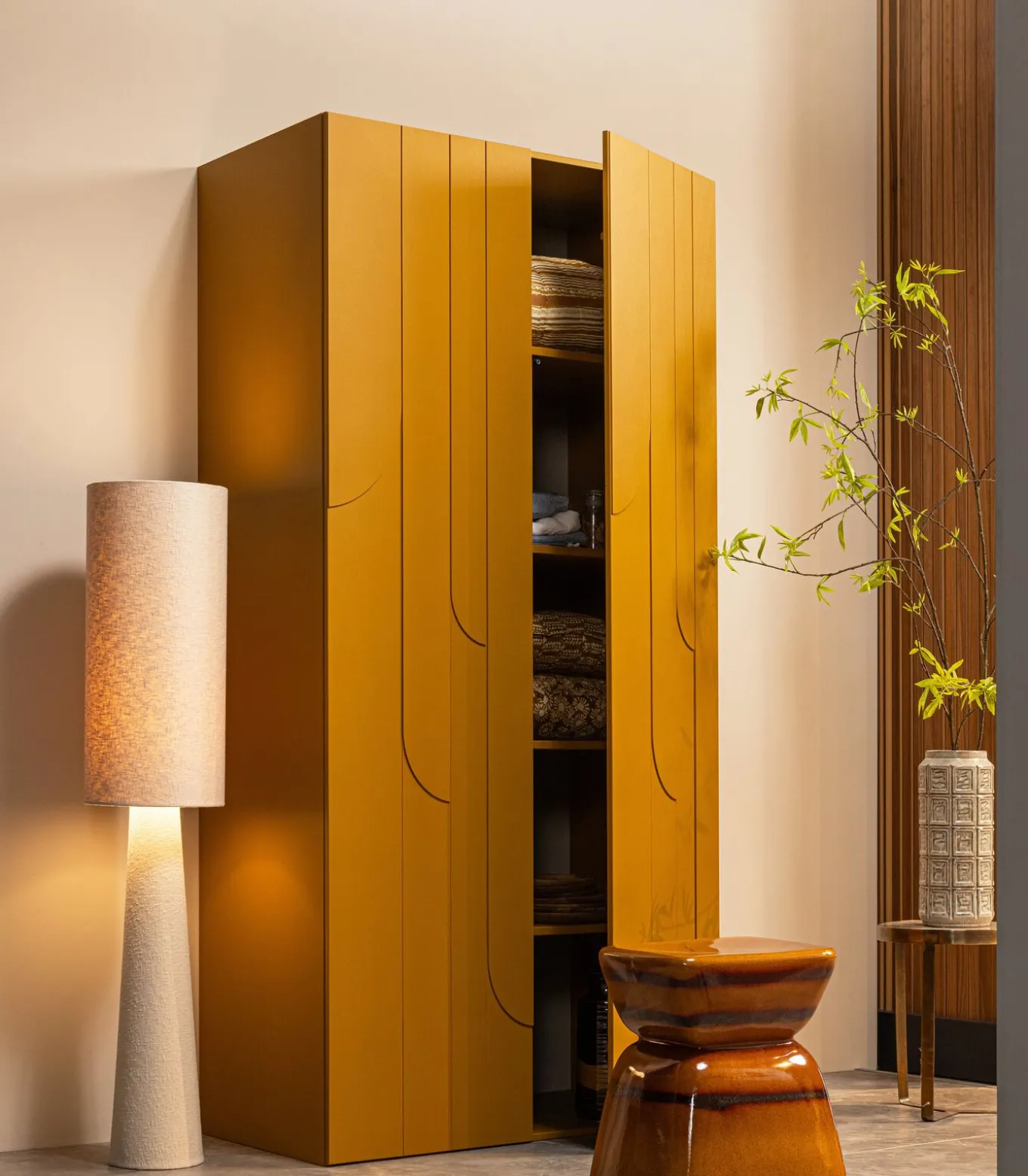 Loft Vloerlamp - Metaal/Bouclé - Naturel - 130x30x30