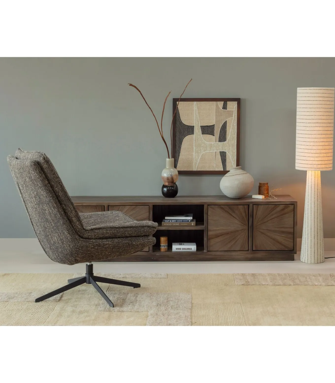 Loft Vloerlamp - Metaal/Bouclé - Naturel Met Strepen 130xØ30 cm