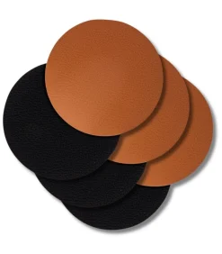 Onderzetters - Vegan leer - Zwart / Cognac - dubbelzijdig - ø 10 cm - 6 stuks