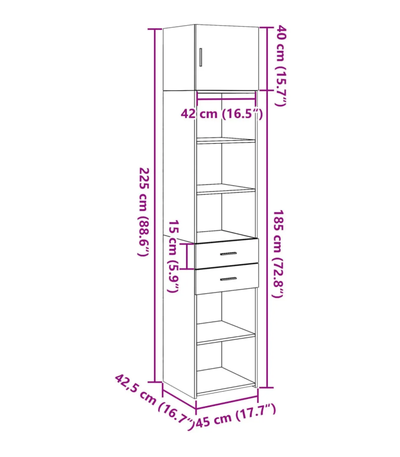 Opbergkast smal 45x42,5x225 cm bewerkt hout gerookt eikenkleur
