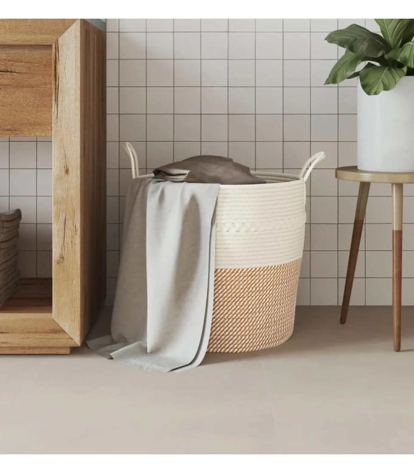 Opbergmand Ø 43x38 cm katoen bruin en wit