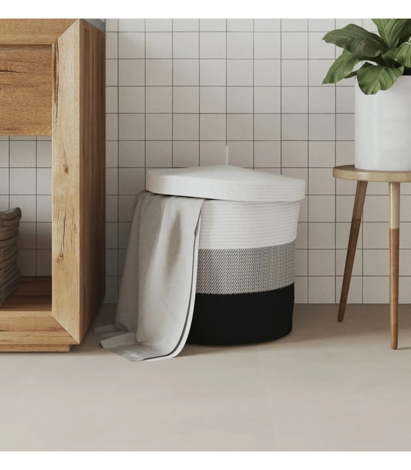 Opbergmand met deksel Ø 40x35 cm katoen wit en zwart