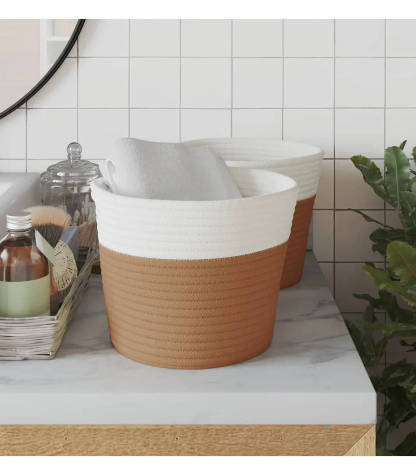 Opbergmanden 2 st Ø 24x18 cm katoen bruin en wit