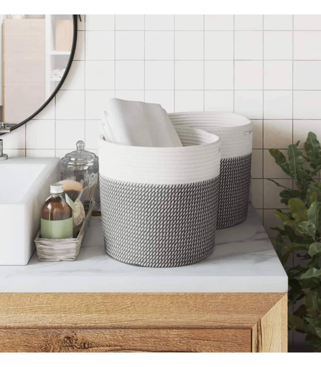 Opbergmanden 2 st Ø 28x28 cm katoen grijs en wit