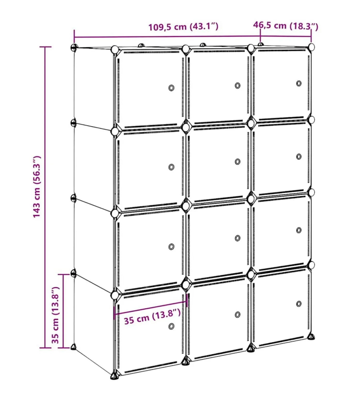 Opbergmeubel met 12 vakken en ophangstangen polypropeen