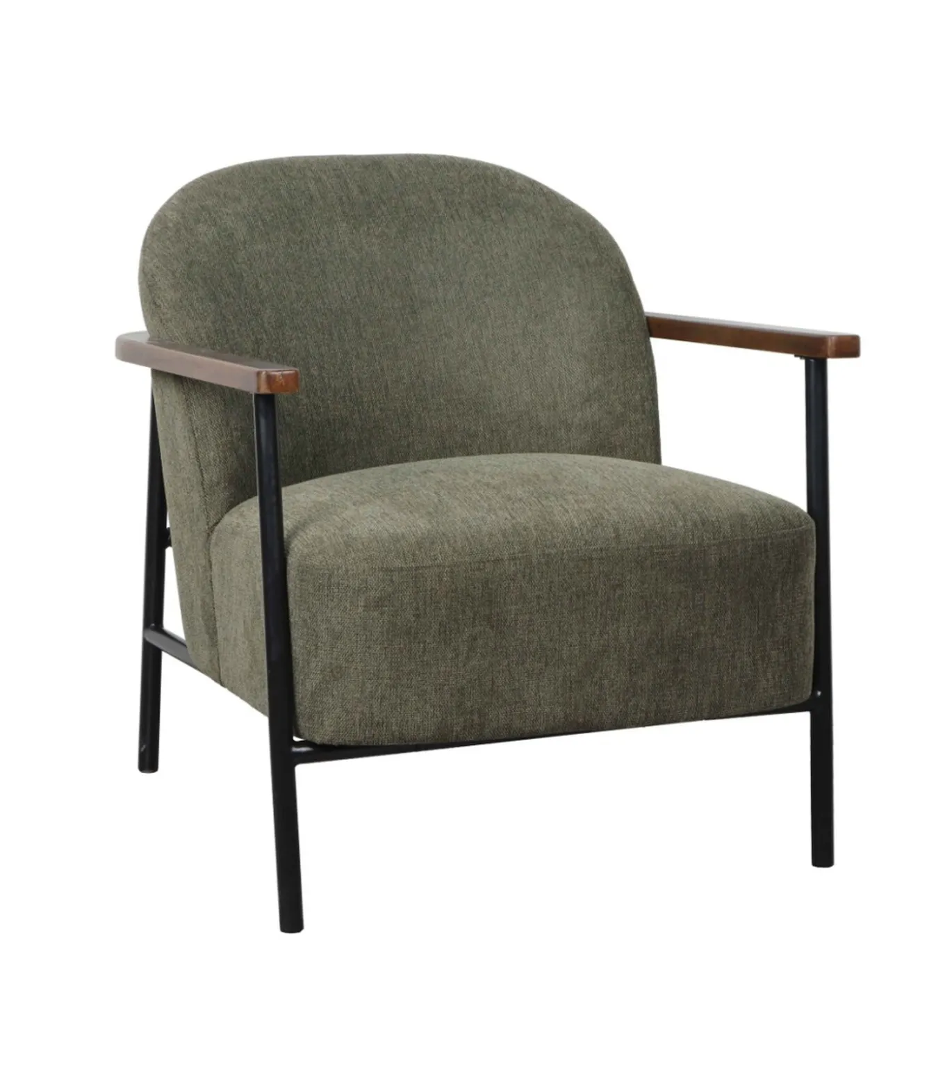 Relaxfauteuil in staal, hout en donkergroene stof