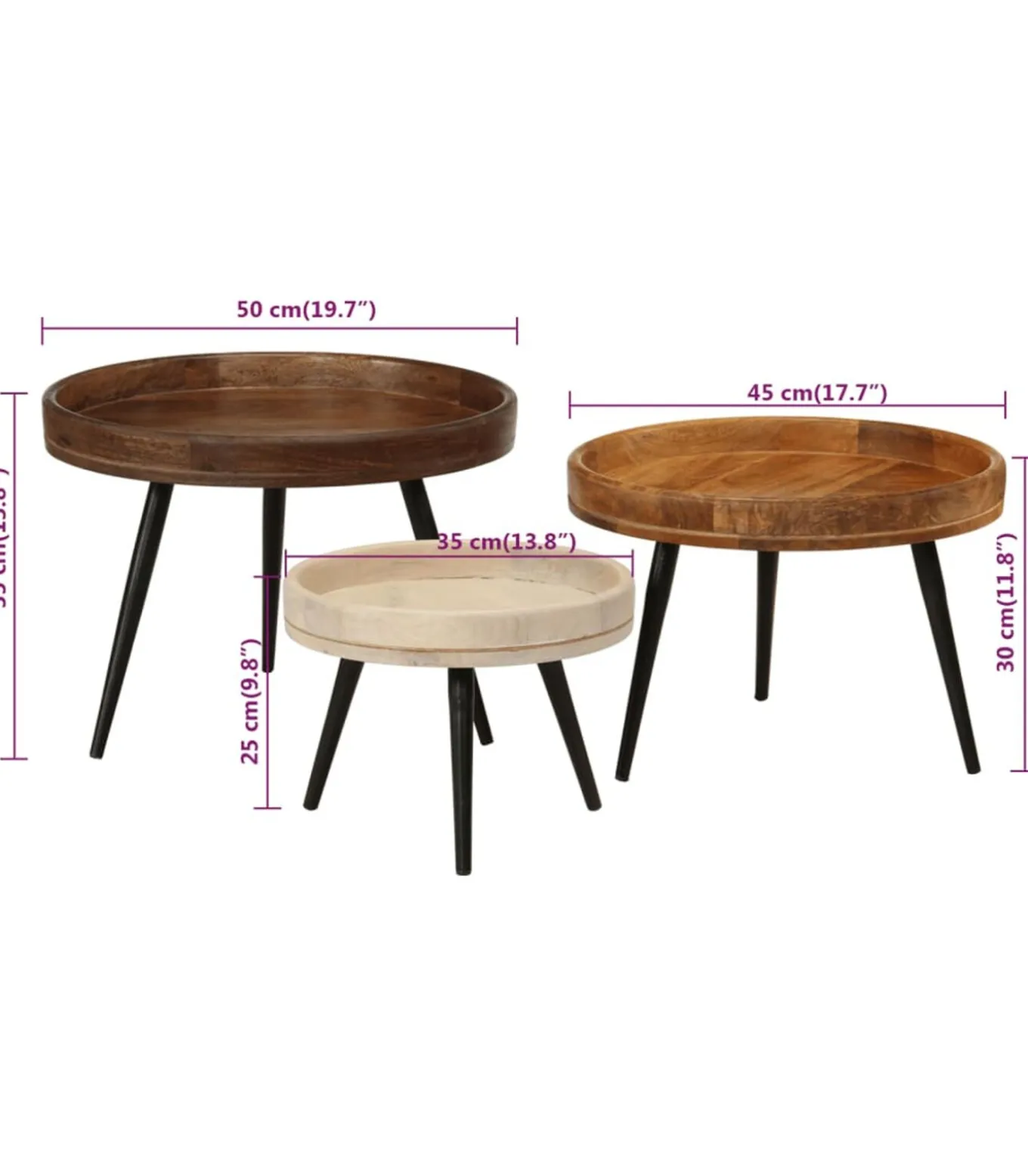 Salontafels 3 st rond massief mangohout