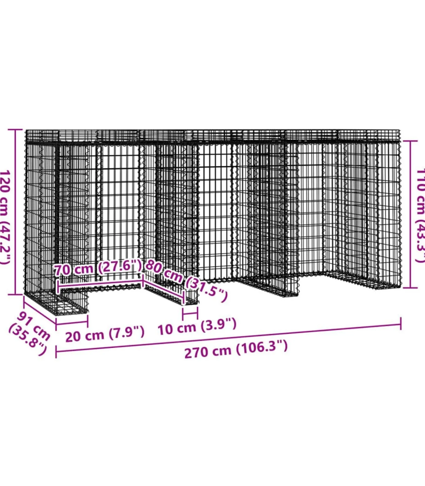 Schanskorf voor vuilnisbak 270x91x120 cm gegalvaniseerd ijzer