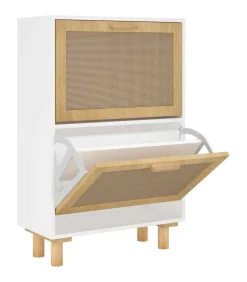 Schoenenkast 52x25x80 cm bewerkt hout en natuurlijk rattan wit