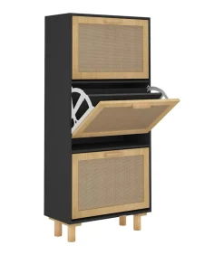 Schoenenkast 52x25x115 cm bewerkt hout en rattan zwart