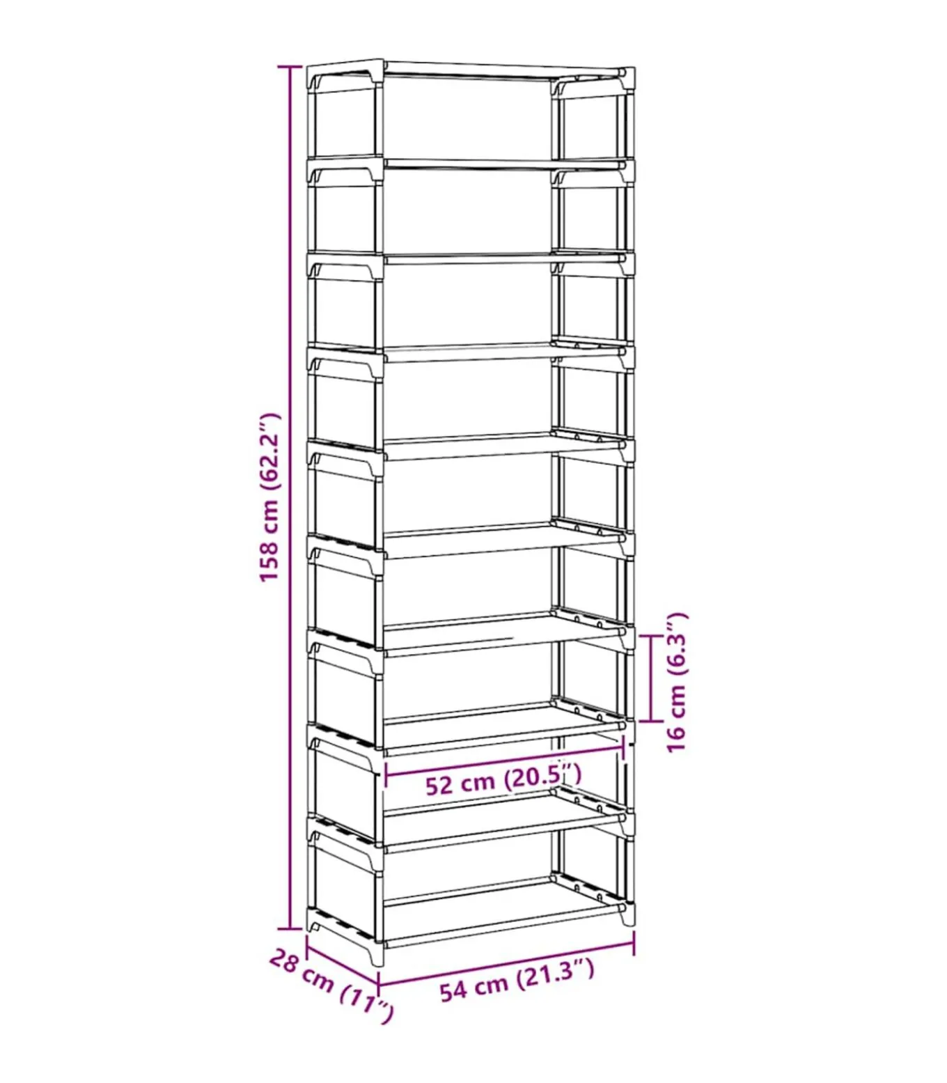 Schoenenrek 10-laags 54x28x158 cm nonwoven stof grijs