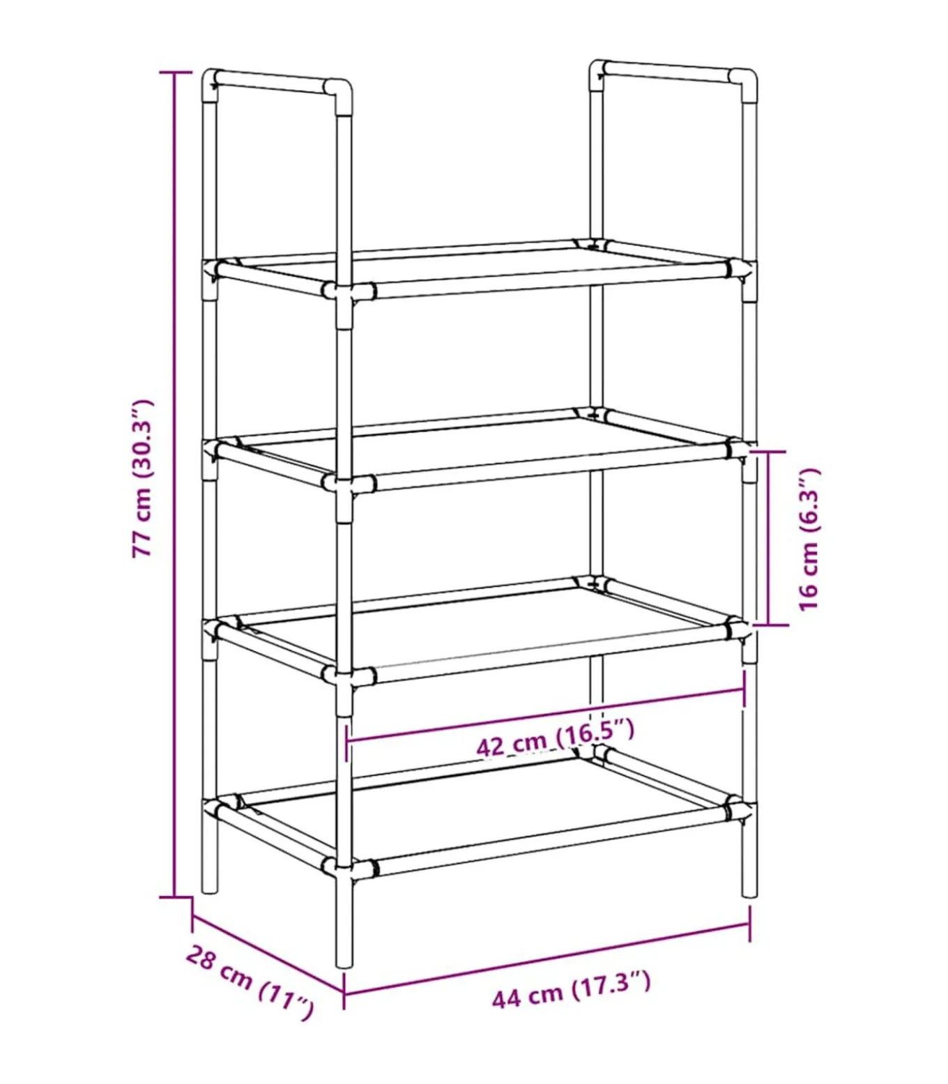 Schoenenrek 4-laags 44x28x77 cm nonwoven stof zwart