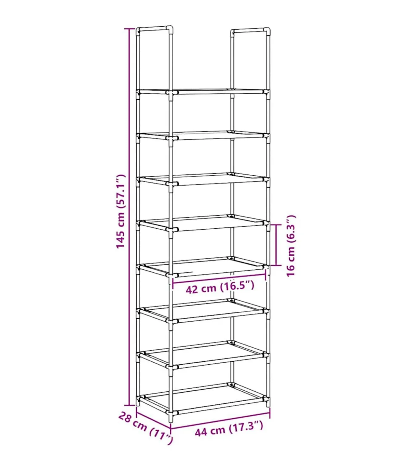 Schoenenrek 8-laags 44x28x145 cm nonwoven stof zwart