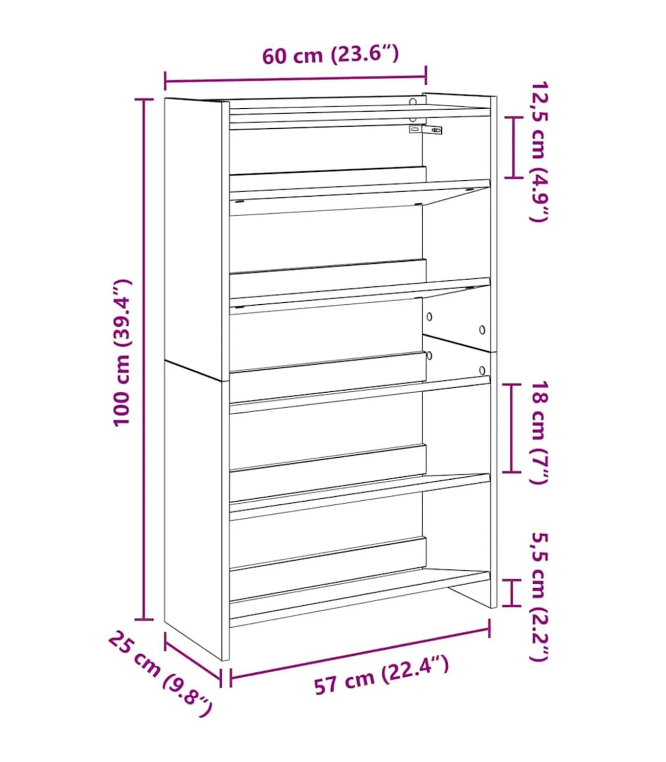 Schoenenrek 60x25x100 cm bewerkt hout betongrijs
