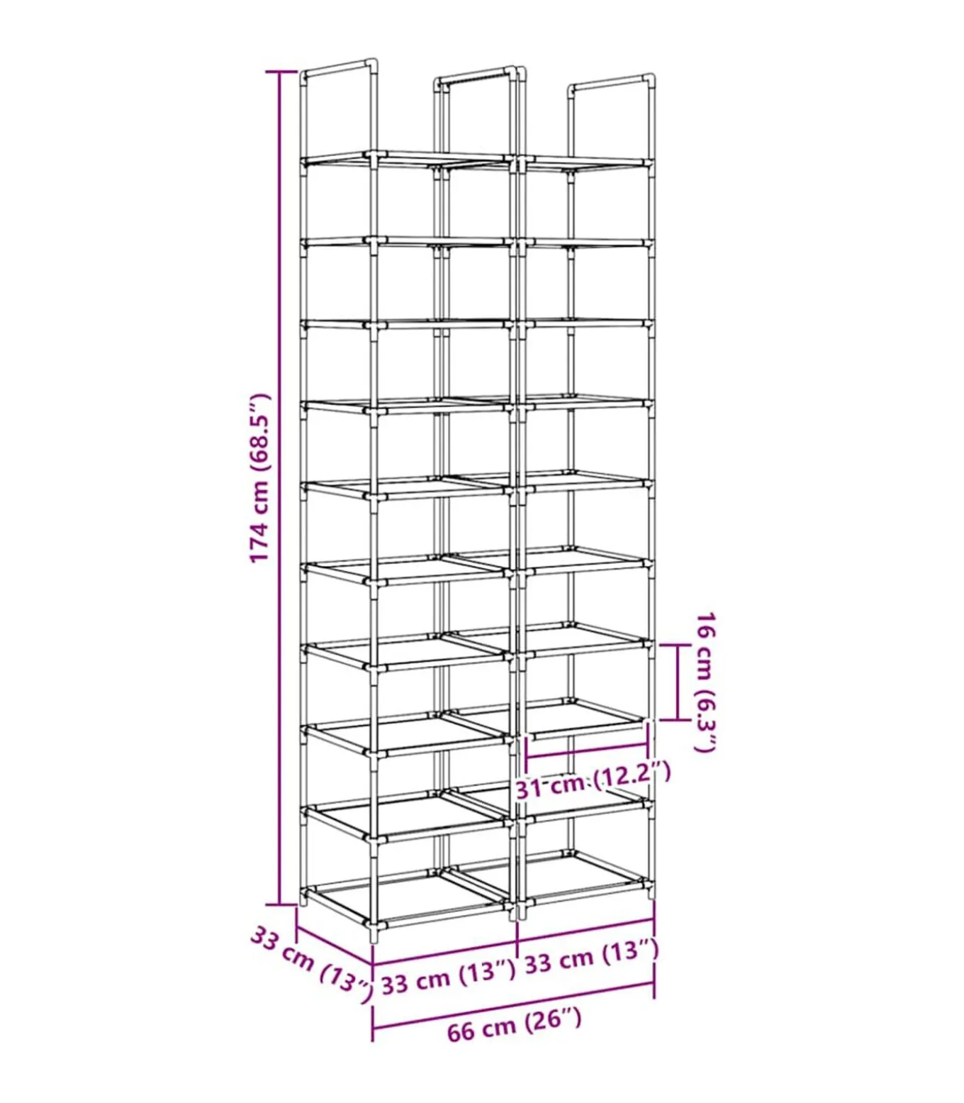 Schoenenrekken 2 st 33x33x174 cm vliesvrij 10-laags zwart