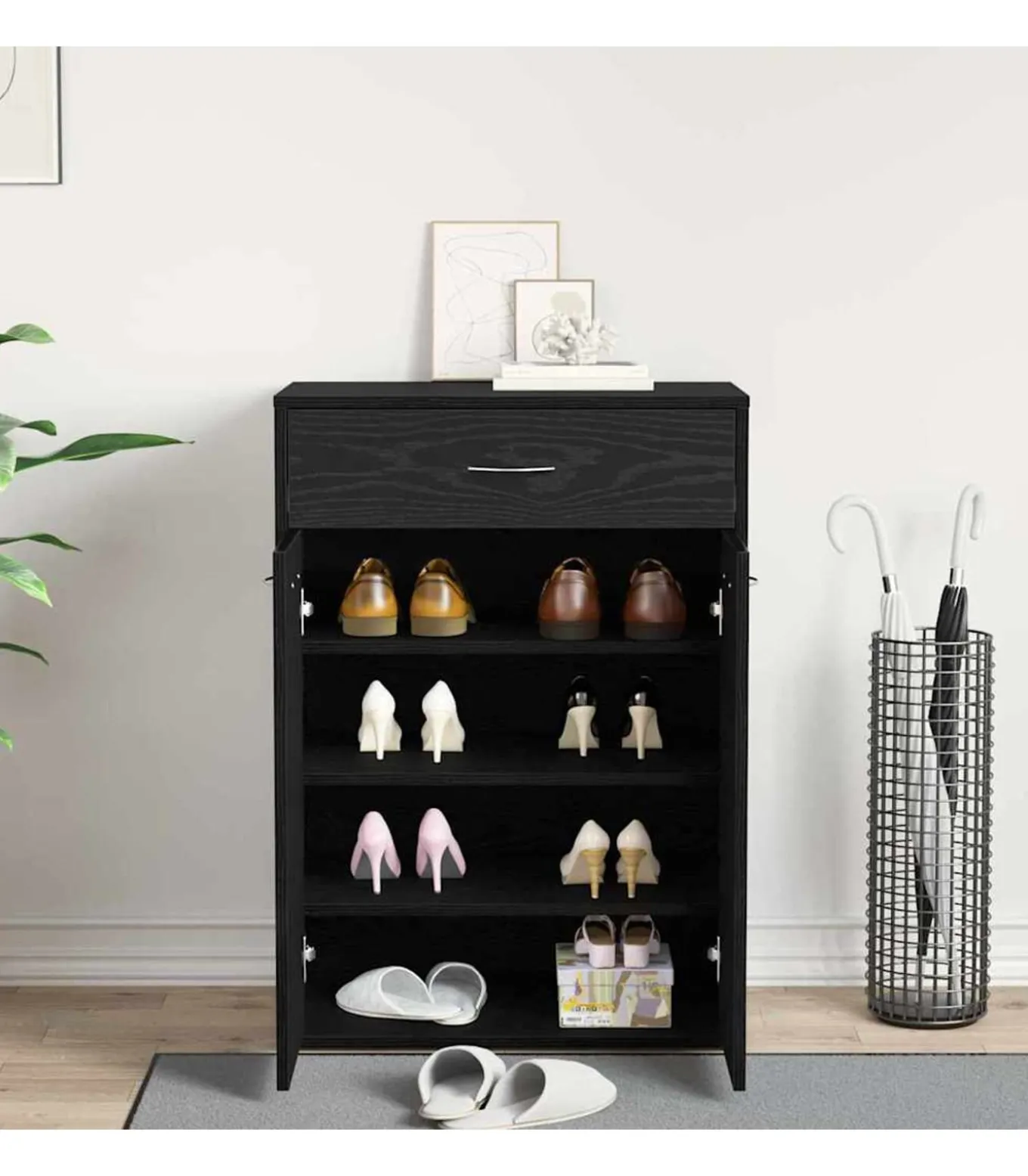 Schoenrek met lade Zwart eiken 60 x 35 x 84 cm Bewerkt hout