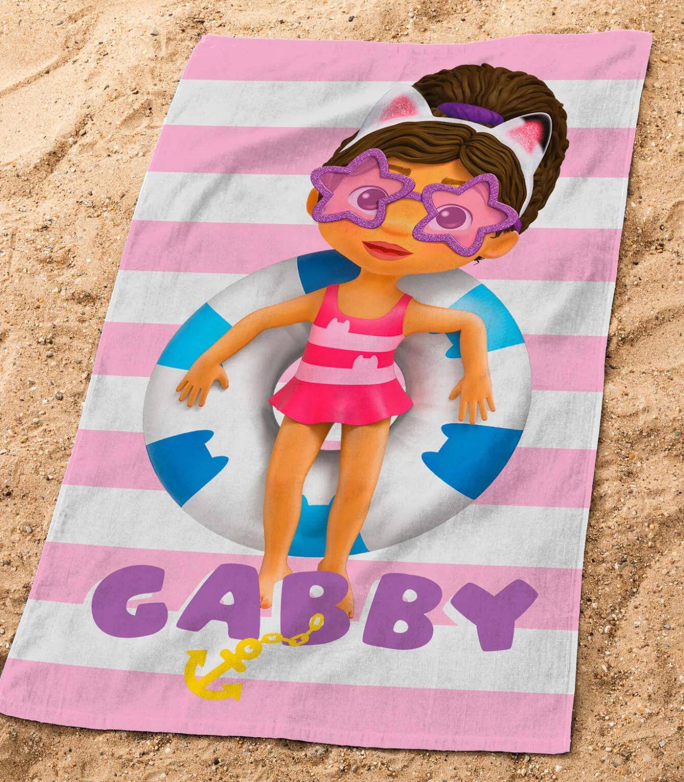 Set Badcape en Strandlaken bedrukt 100% Katoen, GABBY EN HET MAGISCHE HUIS DUO EN PINK