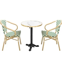 Set van wit marmeren terrastafel en 2 groene stoelen