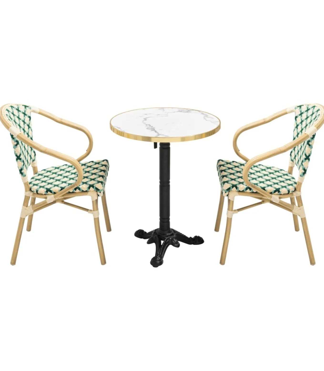 Set van wit marmeren terrastafel en 2 groene stoelen
