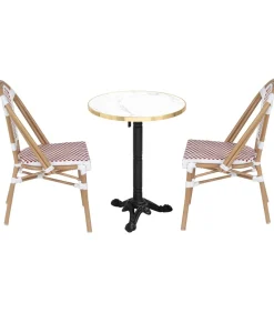 Set van wit marmeren verstelbare terrastafel en 2 rode stoelen