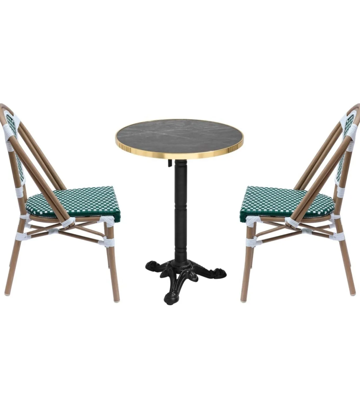 Set van zwart marmeren verstelbare terrastafel en 2 groene stoelen