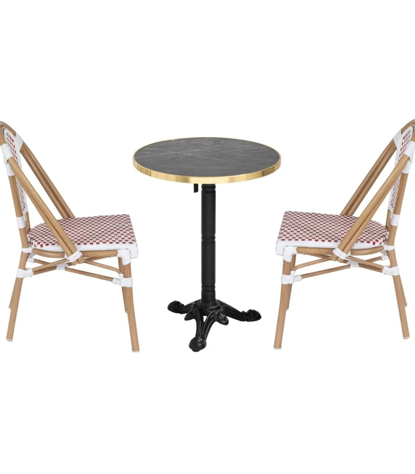 Set van zwart marmeren verstelbare terrastafel en 2 rode stoelen