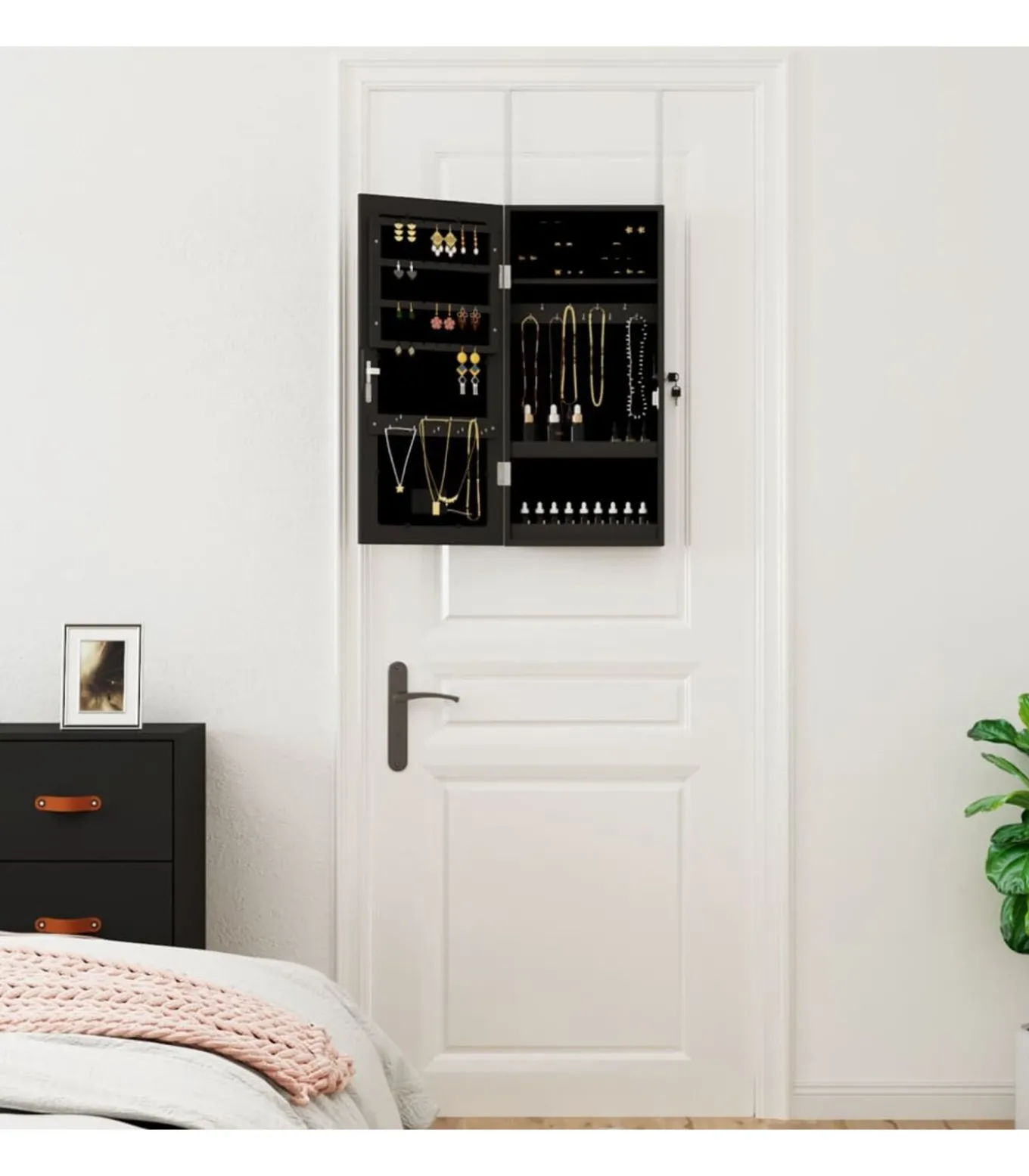 Sieradenkast met spiegel en LED wandgemonteerd zwart