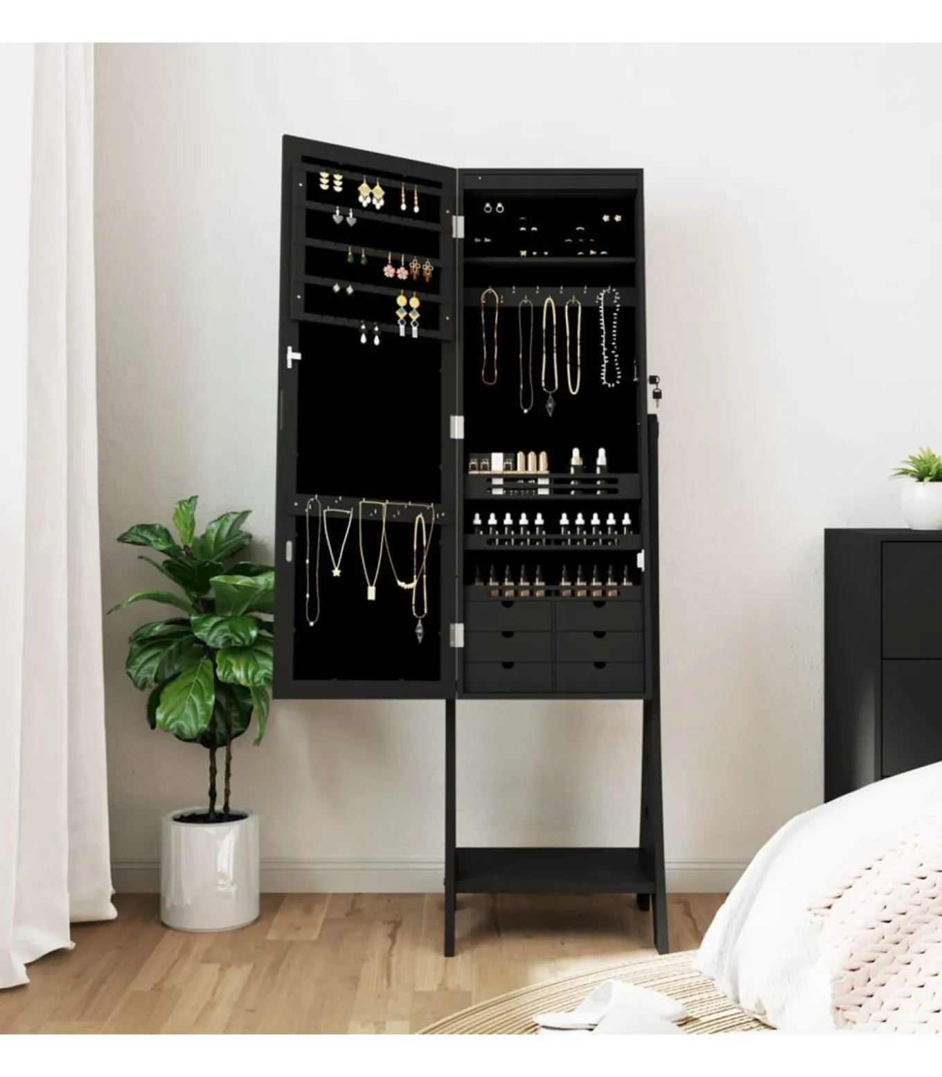 Sieradenkast met spiegel en LED-verlichting vrijstaand zwart