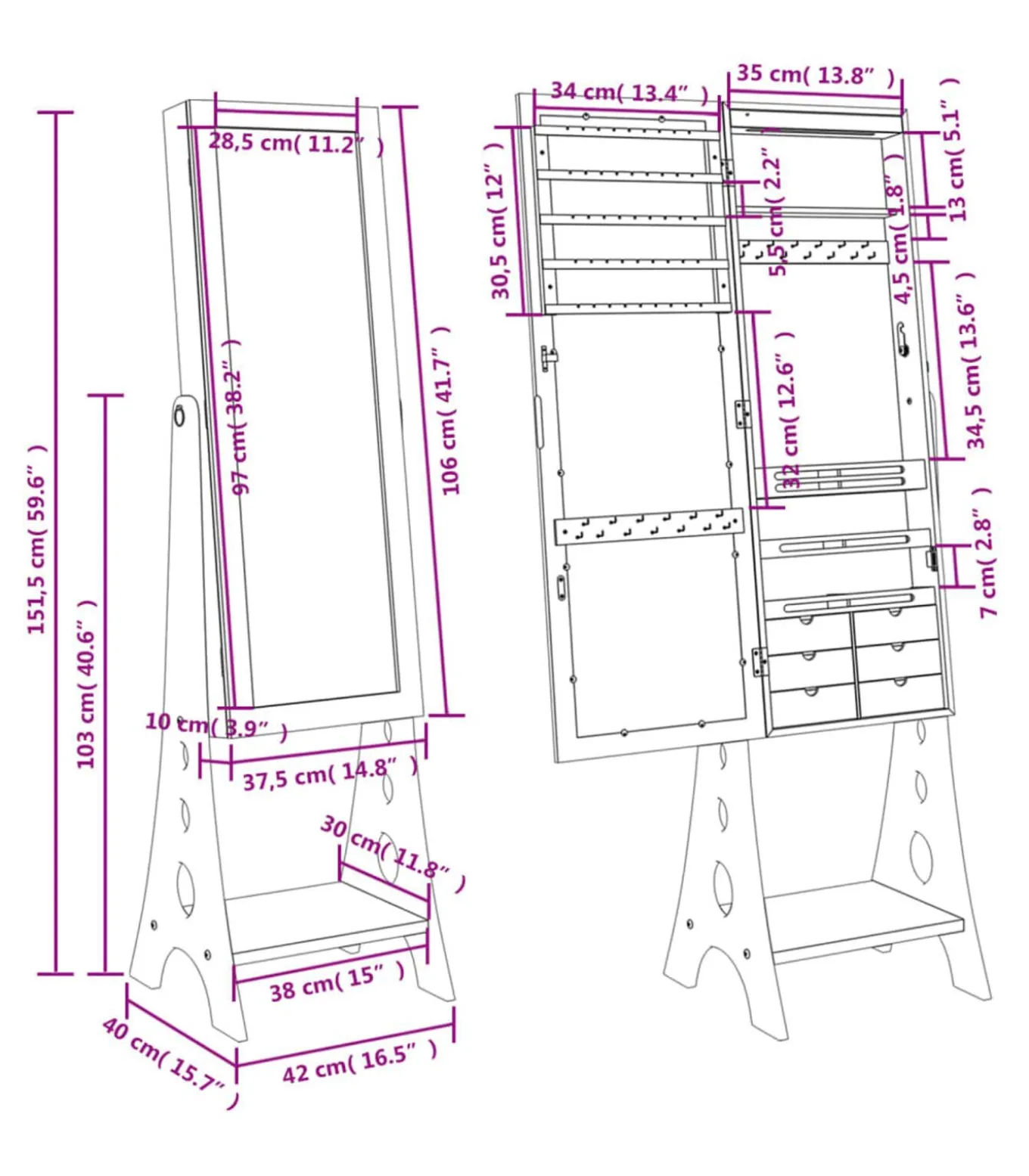 Sieradenkast met spiegel en LED-verlichting vrijstaand zwart