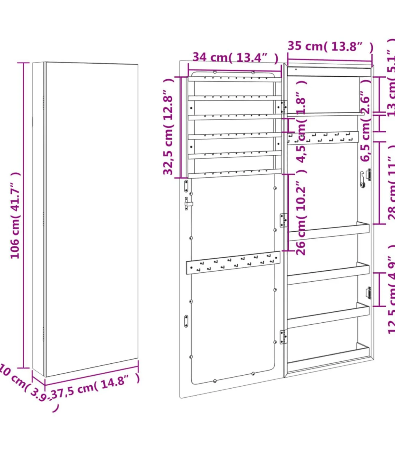 Sieradenkast met spiegel en LED wandgemonteerd