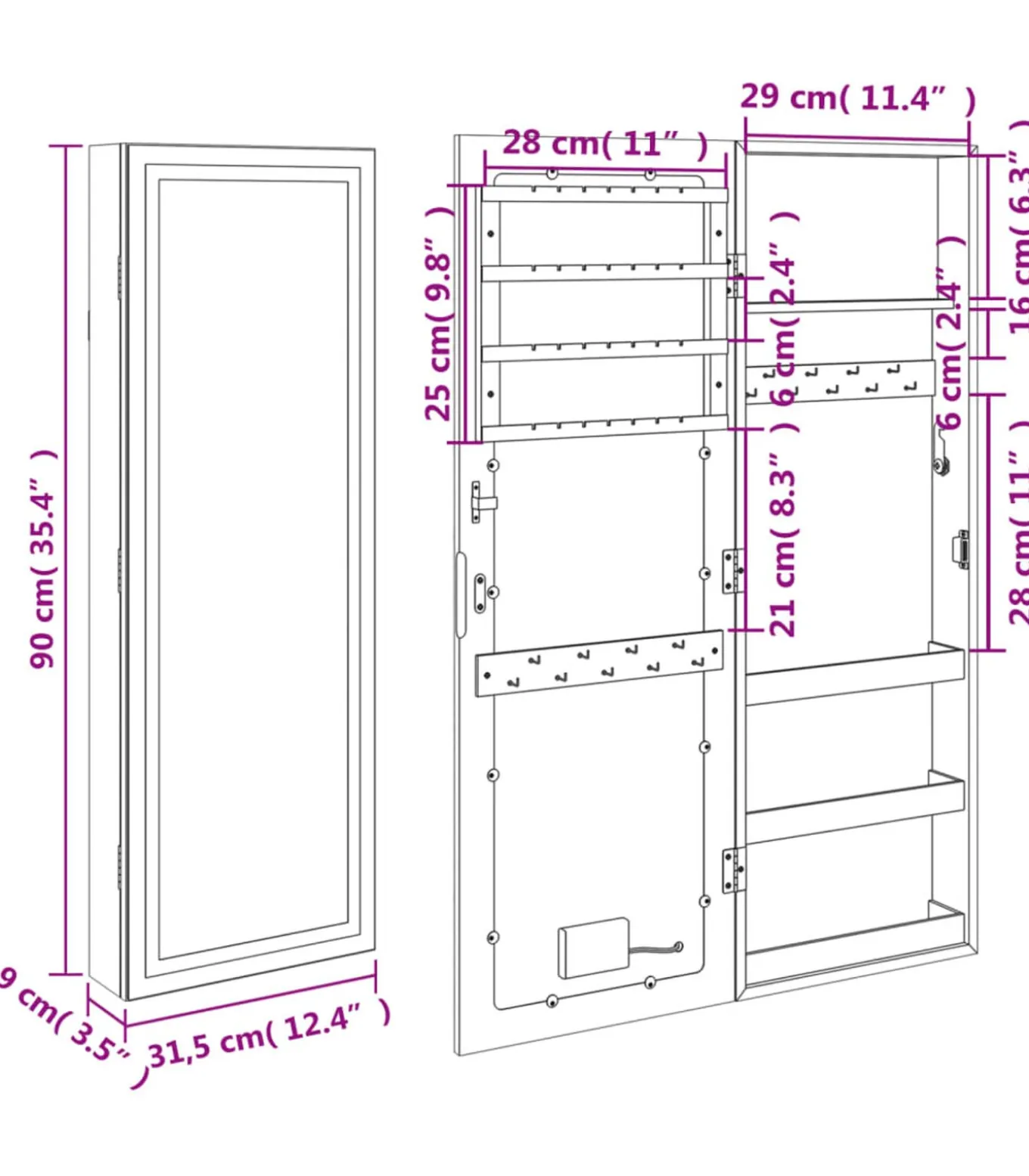 Sieradenkast met spiegel en LED wandgemonteerd