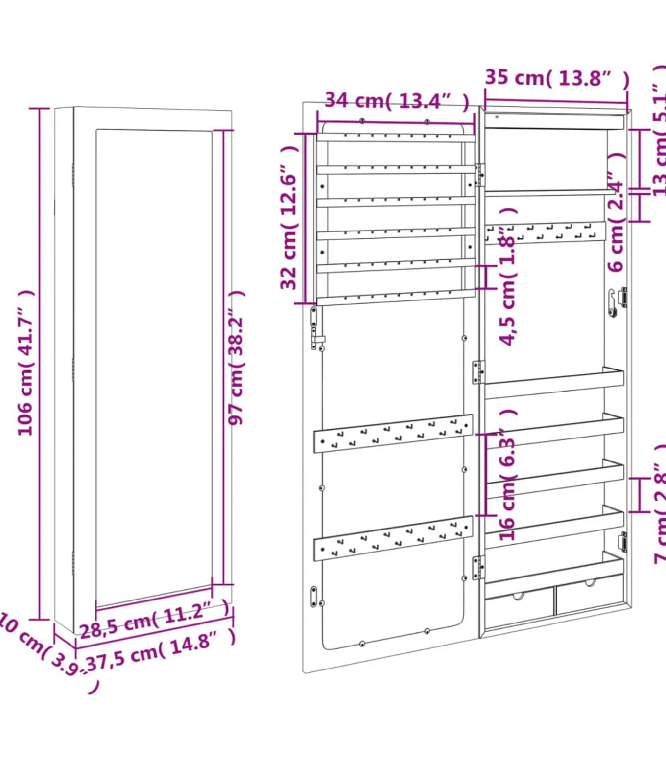 Sieradenkast met spiegel en LED wandgemonteerd zwart